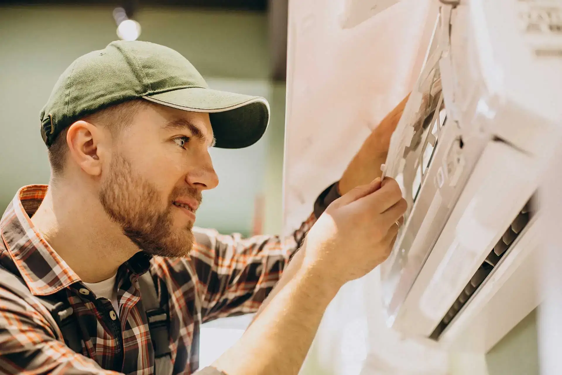 A man wearing a green cap examines and adjusts a control panel on an air conditioner